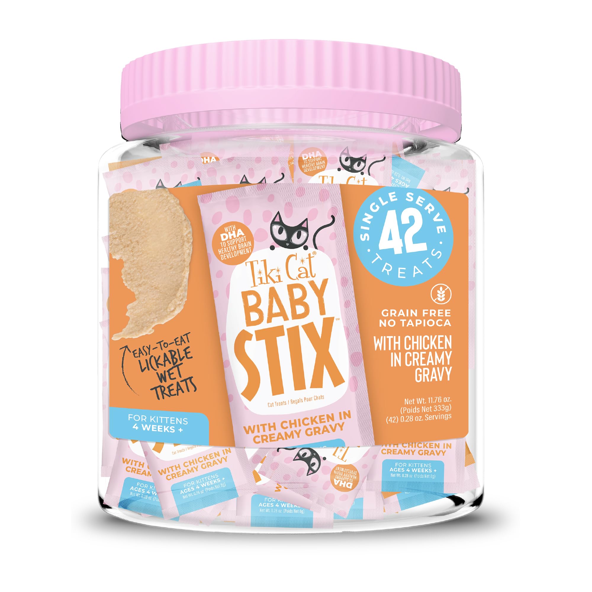 Tiki Cat Baby Stix en tarro con 42 porciones de pollo para gatitos.