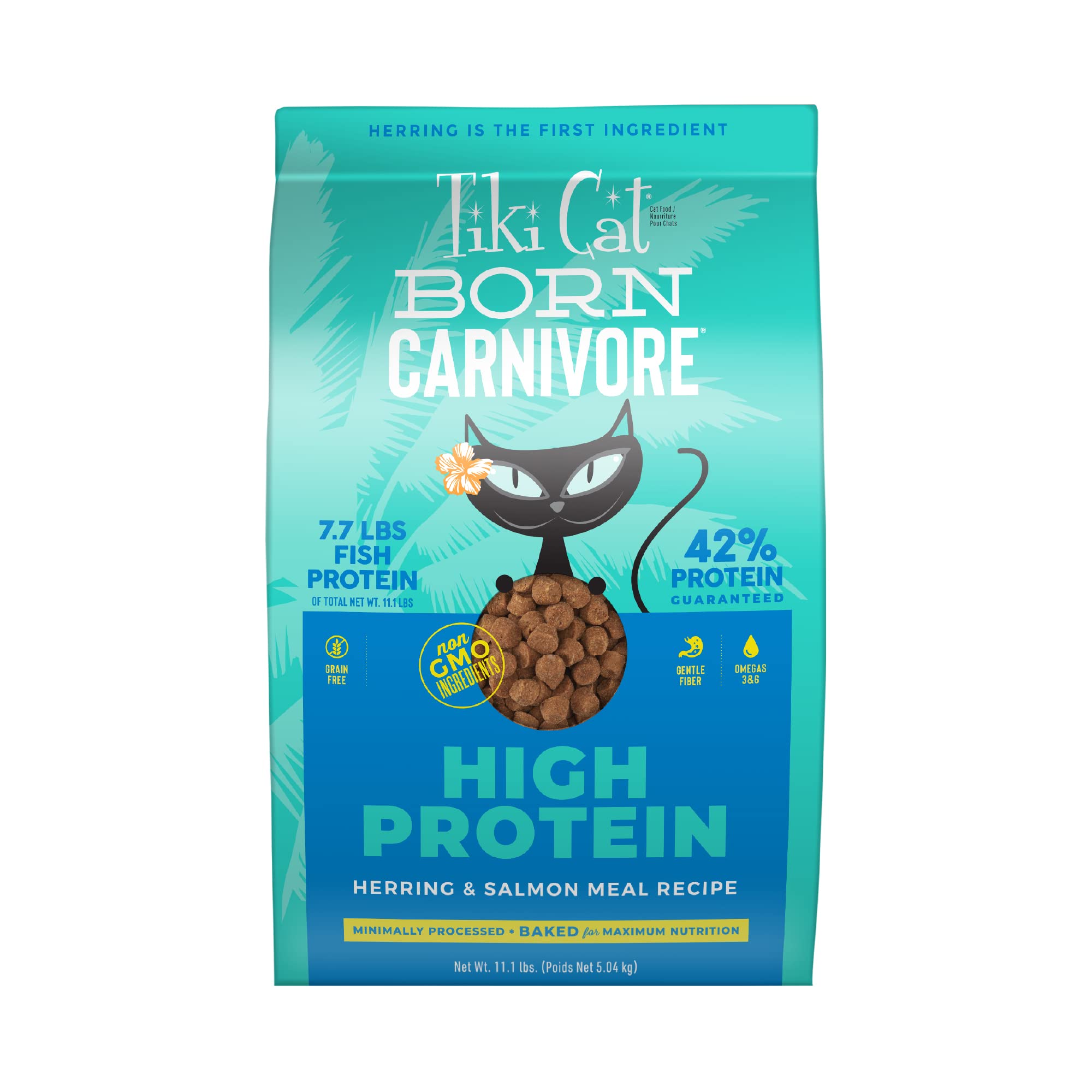 Tiki Cat Born Carnivore, alimento seco de alta proteína con arenque para gatos.