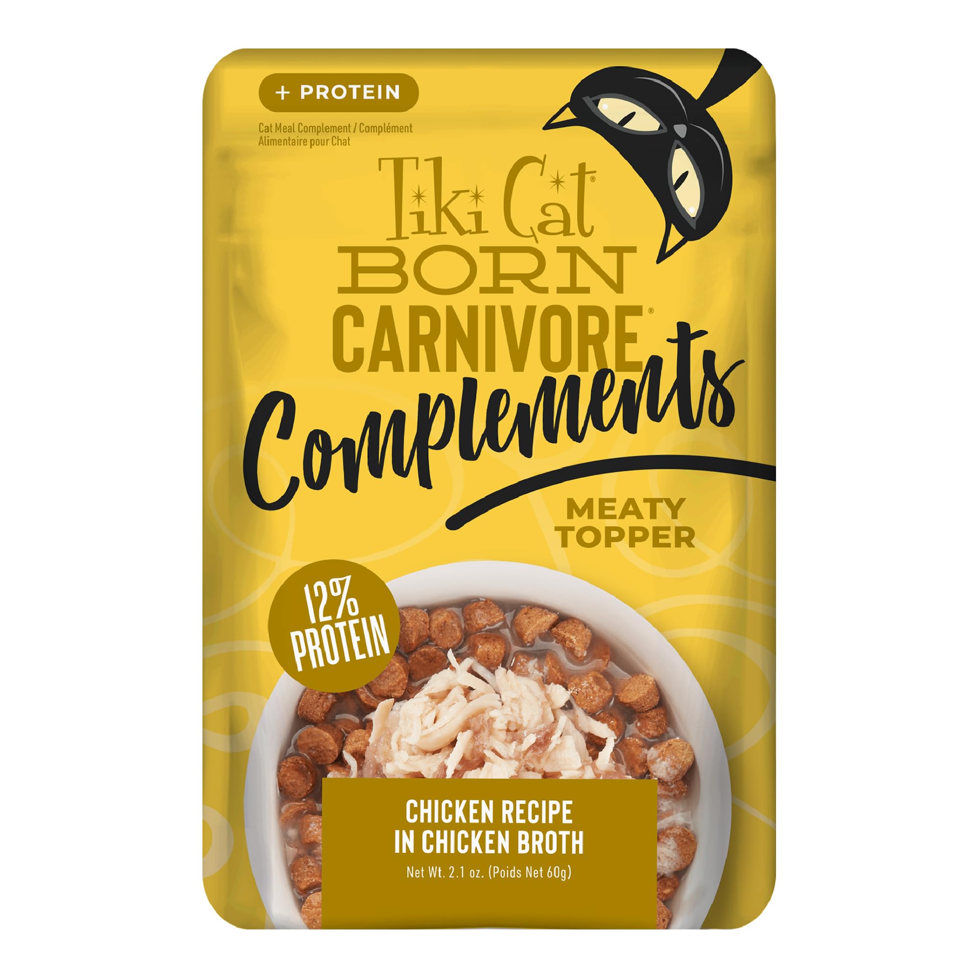 Tiki Cat Born Carnivore Complements con pollo en lata para más proteína y humedad.