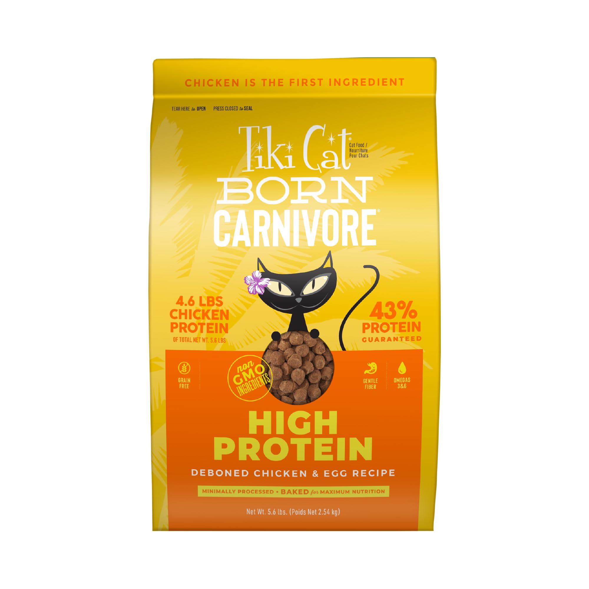 Tiki Cat Born Carnivore croquetas de pollo y huevo, alta proteína para gatos adultos.