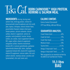 Tiki Cat Born Carnivore con linaza, calabaza y aceite de salmón para digestión.