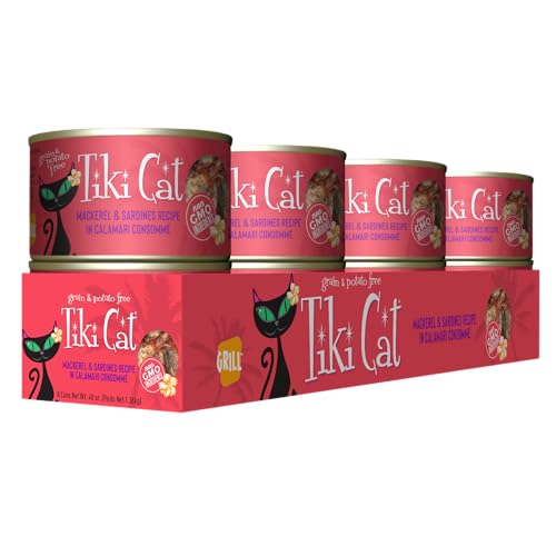 Lata de Tiki Cat Grill con consommé suave para hidratación adicional.