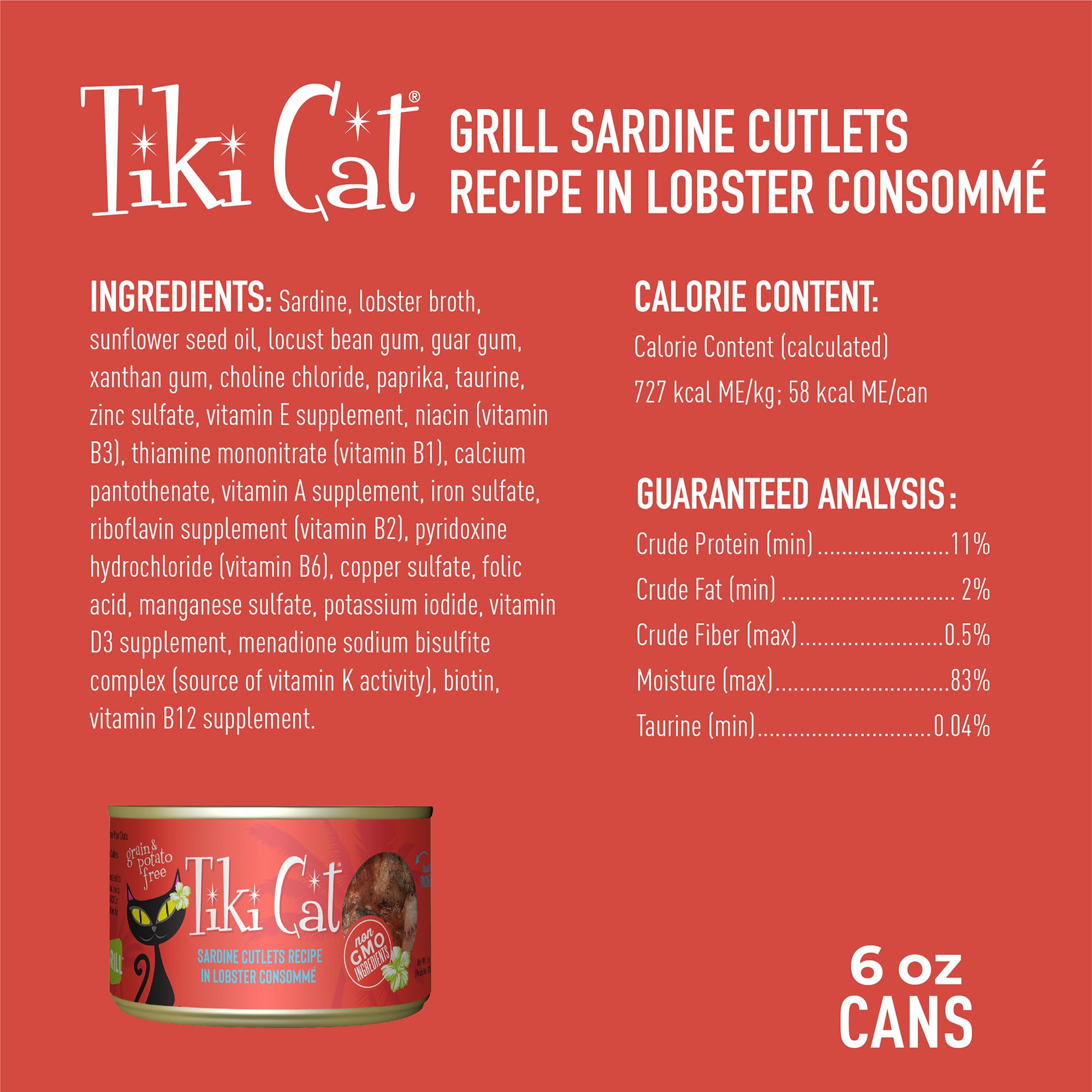 Tiki Cat Grill sardinas reales como primer ingrediente para sabor auténtico.