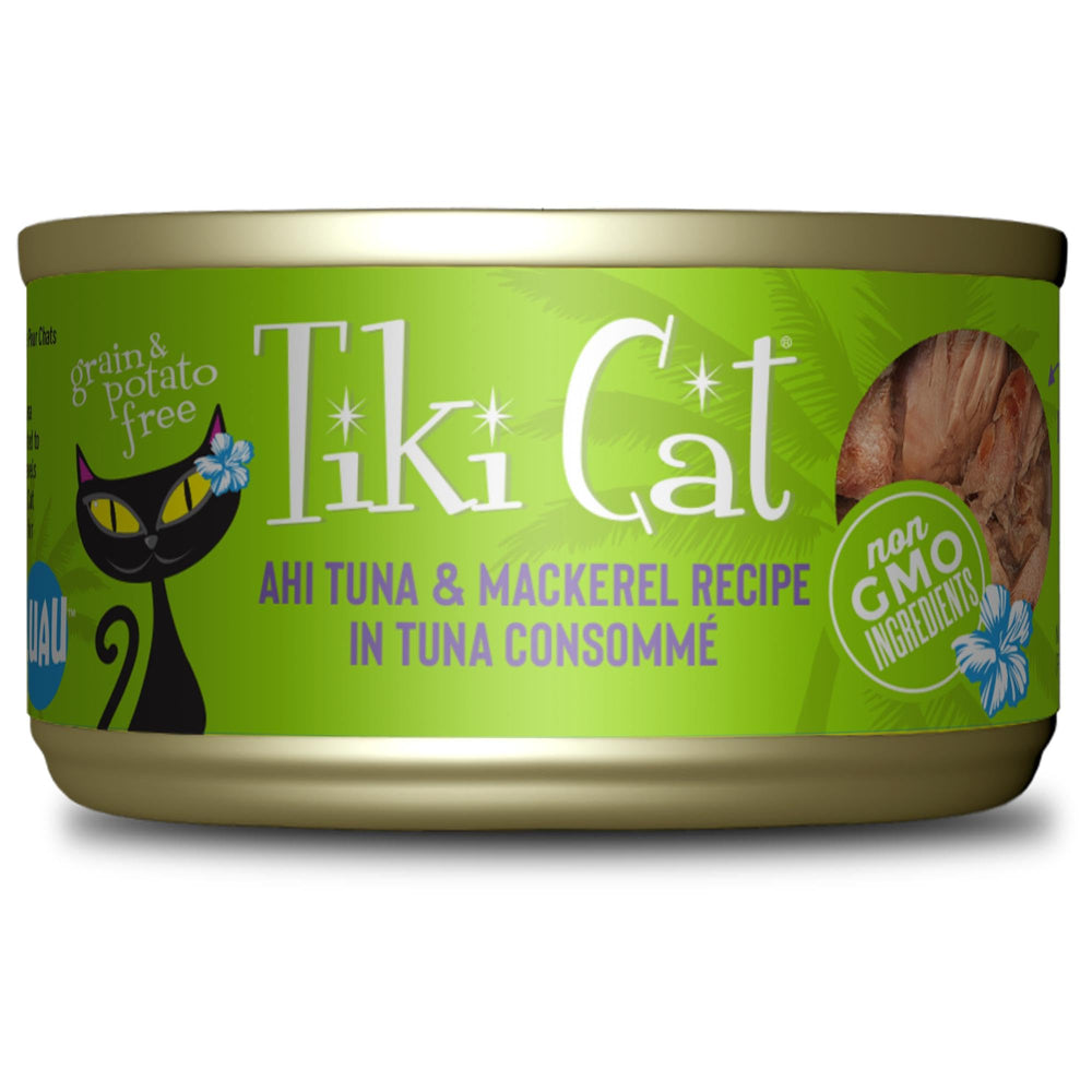 Tiki Cat Papeekeo Luau lata con atún ahi y caballa en consomé, alto en proteína para gatos adultos.