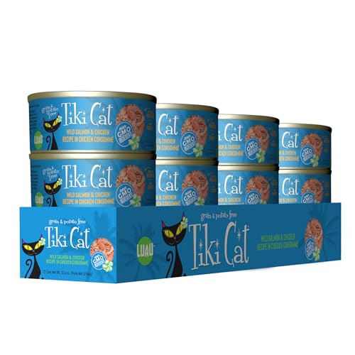Tiki Cat Luau: frente de lata destaca ingredientes reales de calidad.