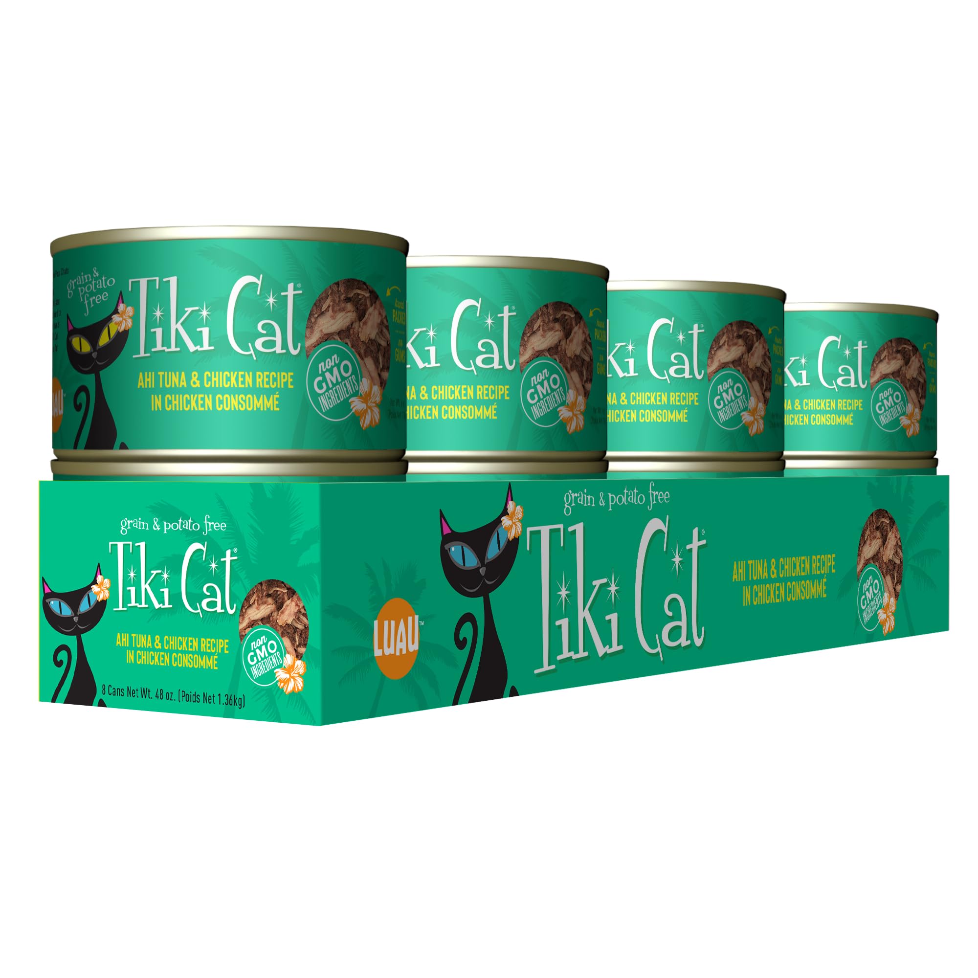 Tiki Cat Luau: ingredientes reales, atún y pollo, para una dieta carnivora.
