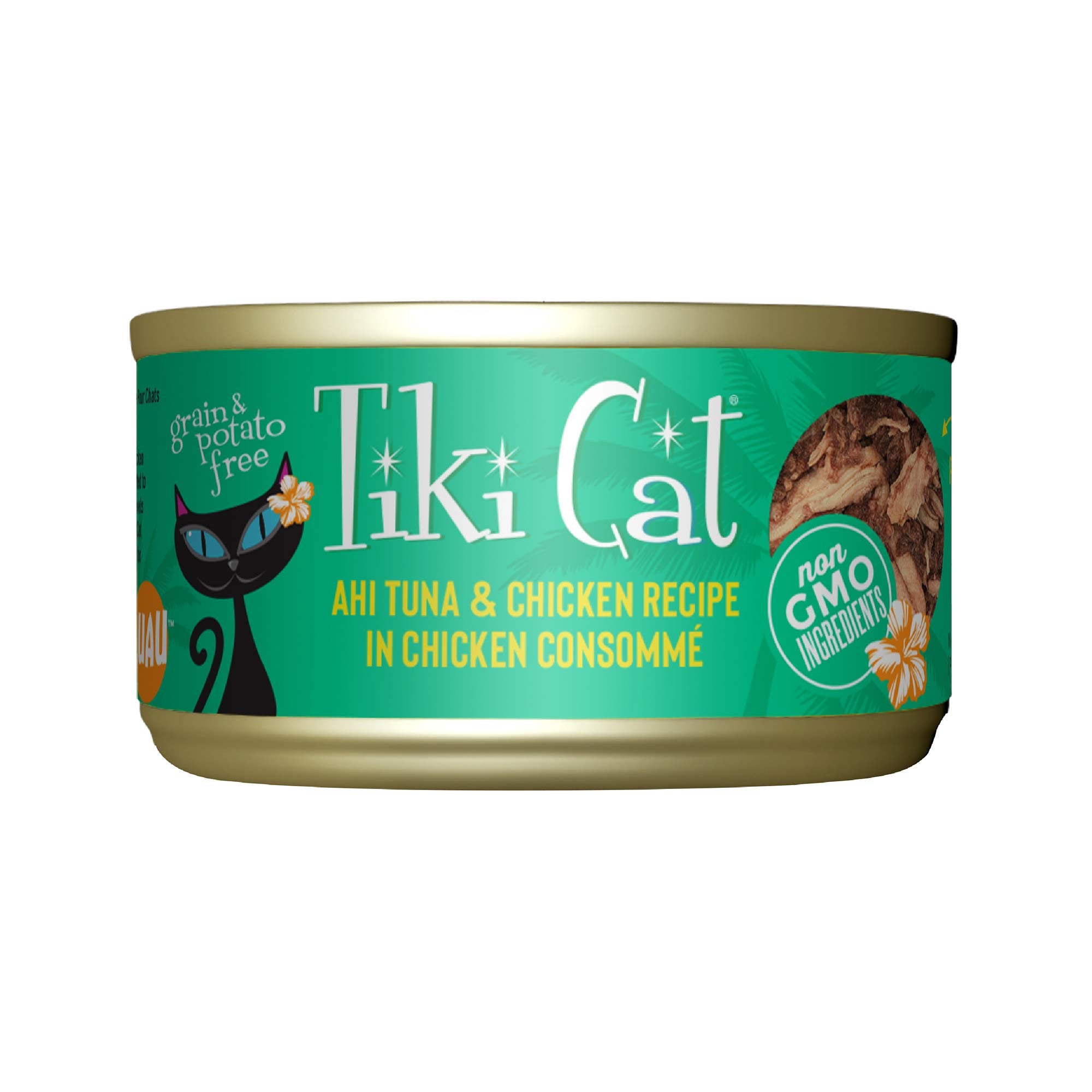 Tiki Cat Luau lata abierta muestra comida húmeda rica en proteína.