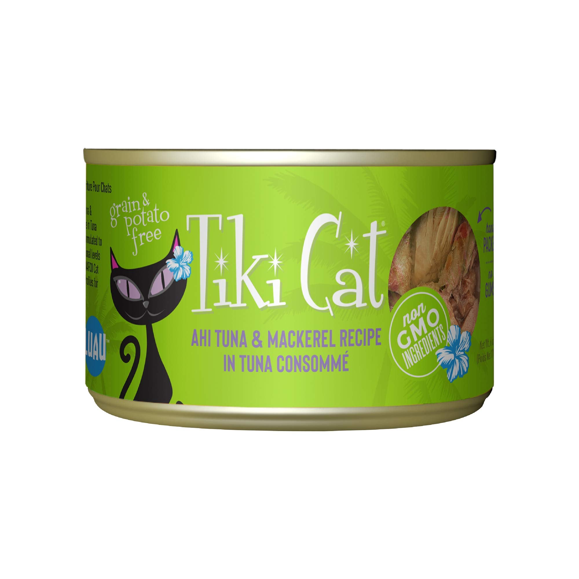 Tiki Cat Luau, lata con atún Ahi y caballa en consomé, sabor marino para gatos