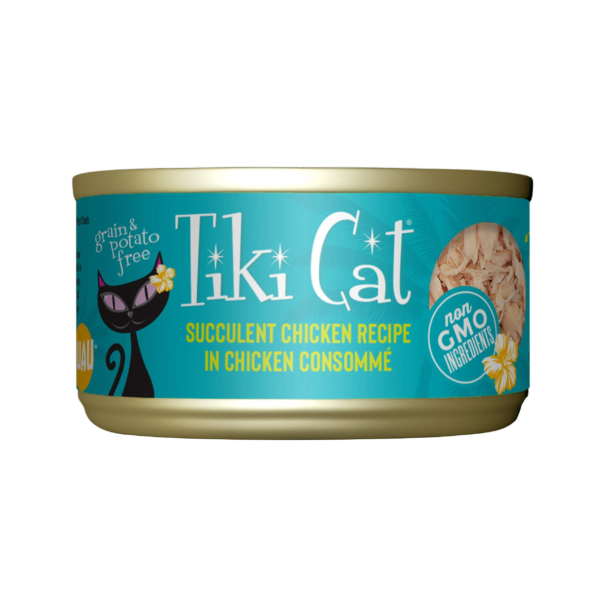 Tiki Cat Luau lata con consomé de pollo, alta proteína para gatos activos