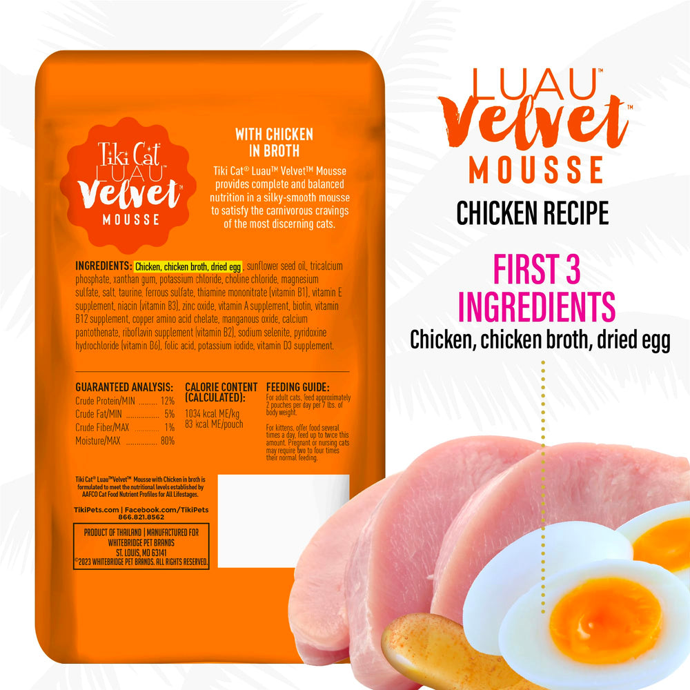 Tiki Cat Luau Velvet Mousse, alto en proteína para apoyar una dieta carnívora felina.