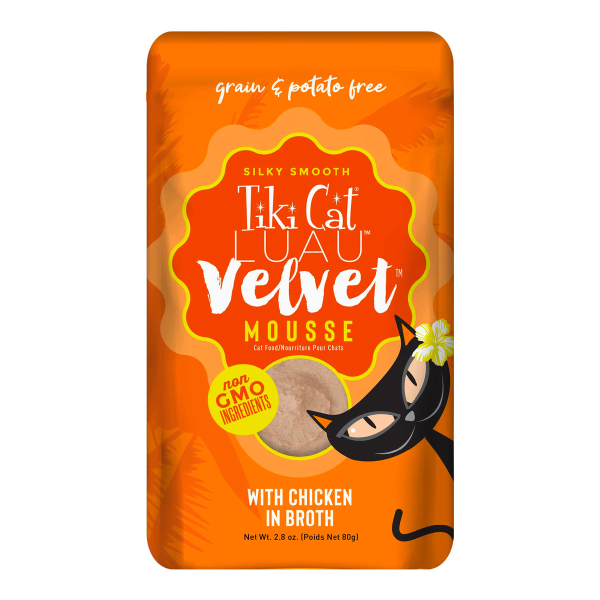 Tiki Cat Luau Velvet Mousse, pollo en caldo, ofrece hidratación y proteína para tu gata.