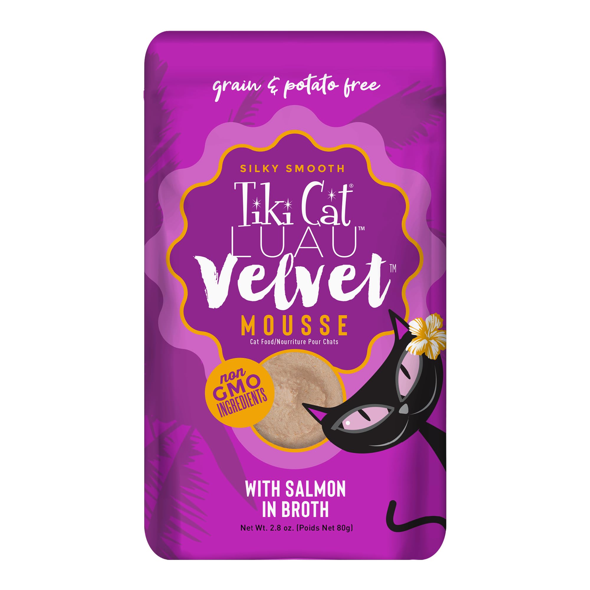 Tiki Cat Luau Velvet Mousse con salmón en caldo, empaque visible para una nutrición deliciosa.