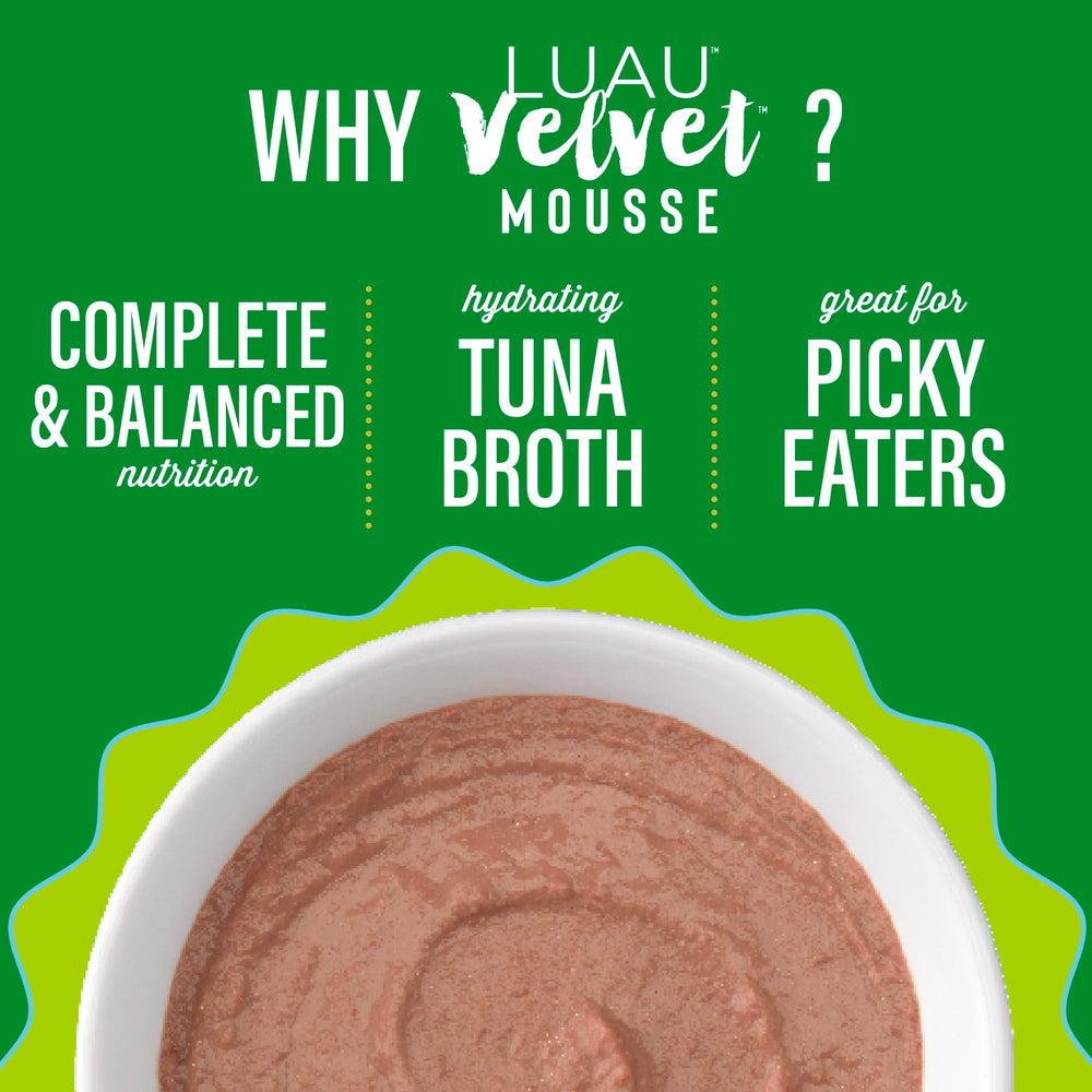 Tiki Cat Luau Velvet Mousse sin-granos para felinos activos.