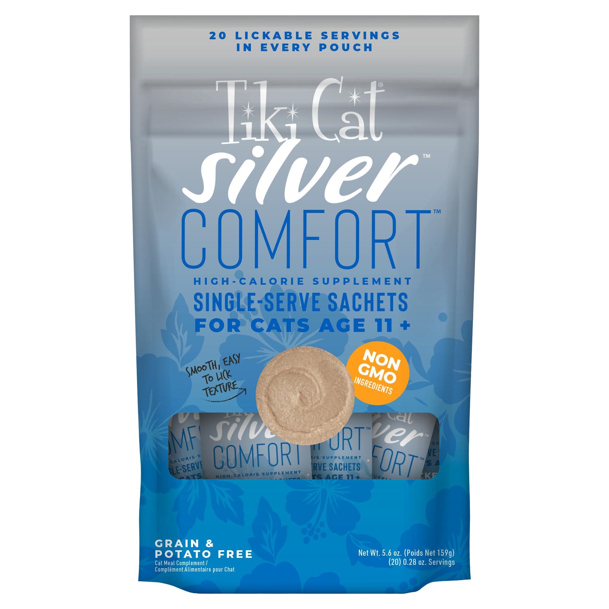 Tiki Cat Silver Comfort sachets pack for senior cats with high-calorie nutrition.