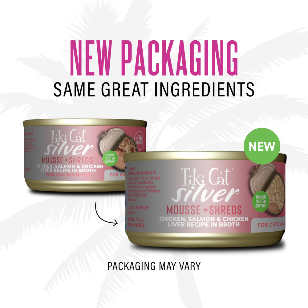 Tiki Cat Silver Comfort Mousse y Shreds: bajo fósforo para apoyar la salud renal.