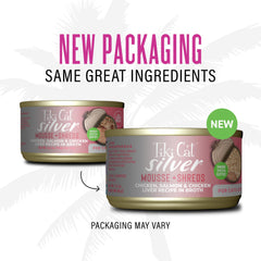 Tiki Cat Silver Comfort Mousse y Shreds: bajo fósforo para apoyar la salud renal.