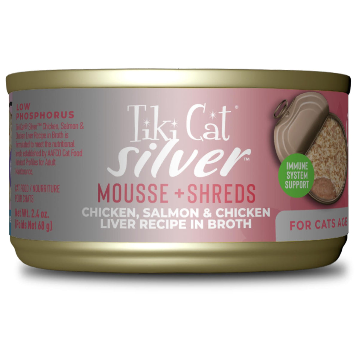 Tiki Cat Silver Comfort Mousse y Shreds con pollo y salmón, textura suave para gatos mayores.