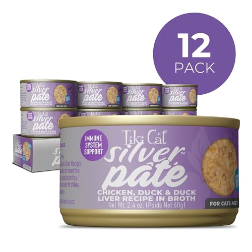 Tiki Cat Silver Pate: pollo y pato, proteína de calidad para dieta diaria.
