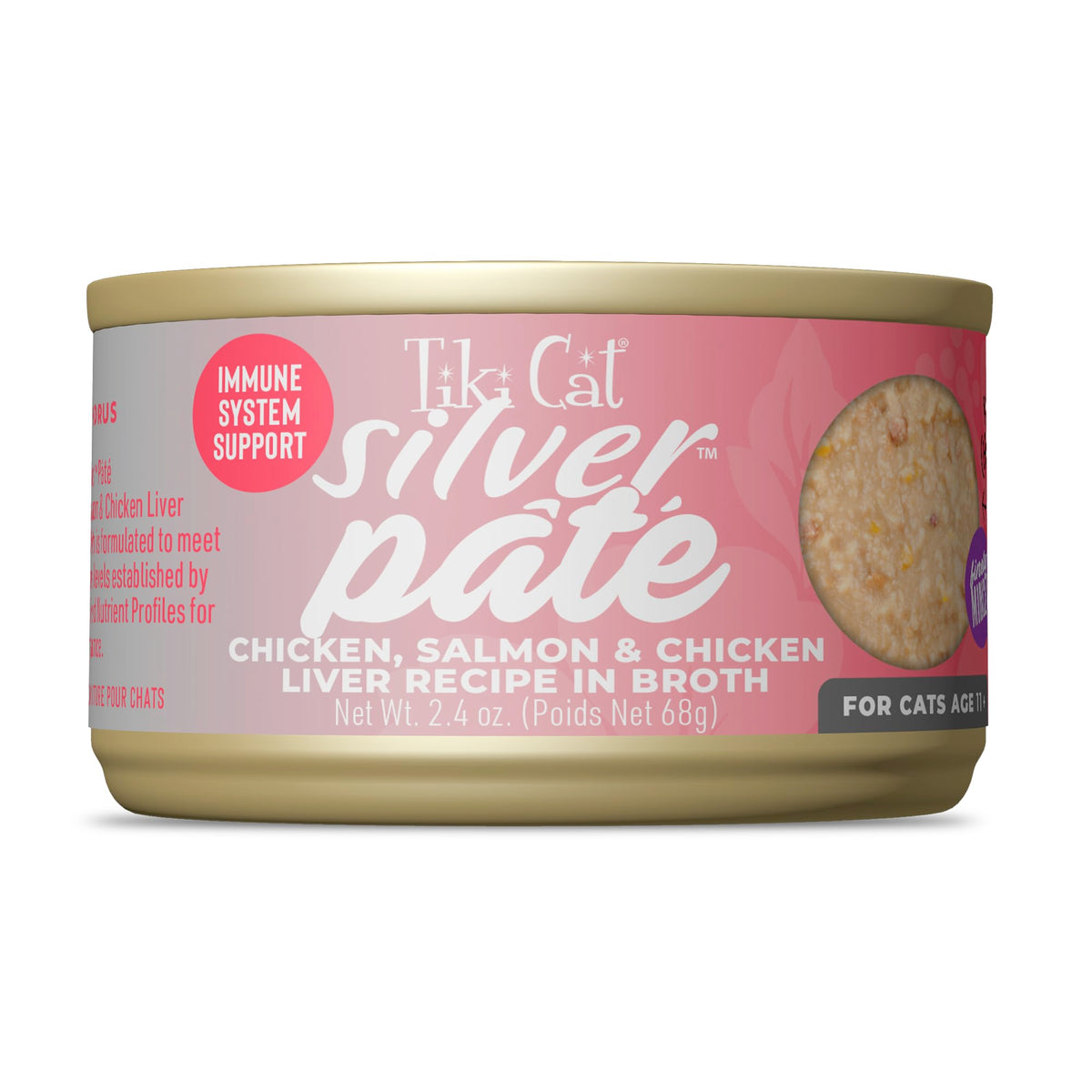 Tiki Cat Silver Paté con pollo, salmón e hígado en caldo en lata de 70 g.