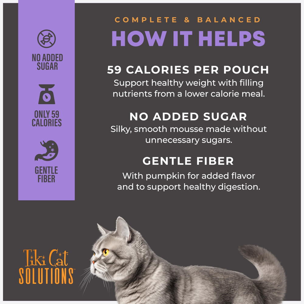 Tiki Cat Solutions Light Mousse aporta Omega 3 y Omega 6 para una nutrición equilibrada.