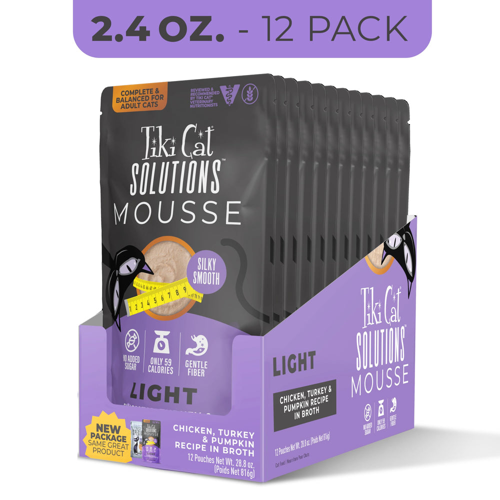 Tiki Cat Solutions Light Mousse en bolsa de 2.4 oz, convenientemente por porciones para controlar la ingesta.