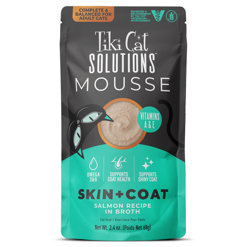 Tiki Cat Solutions Mousse con salmón real para piel sana y pelaje brillante.