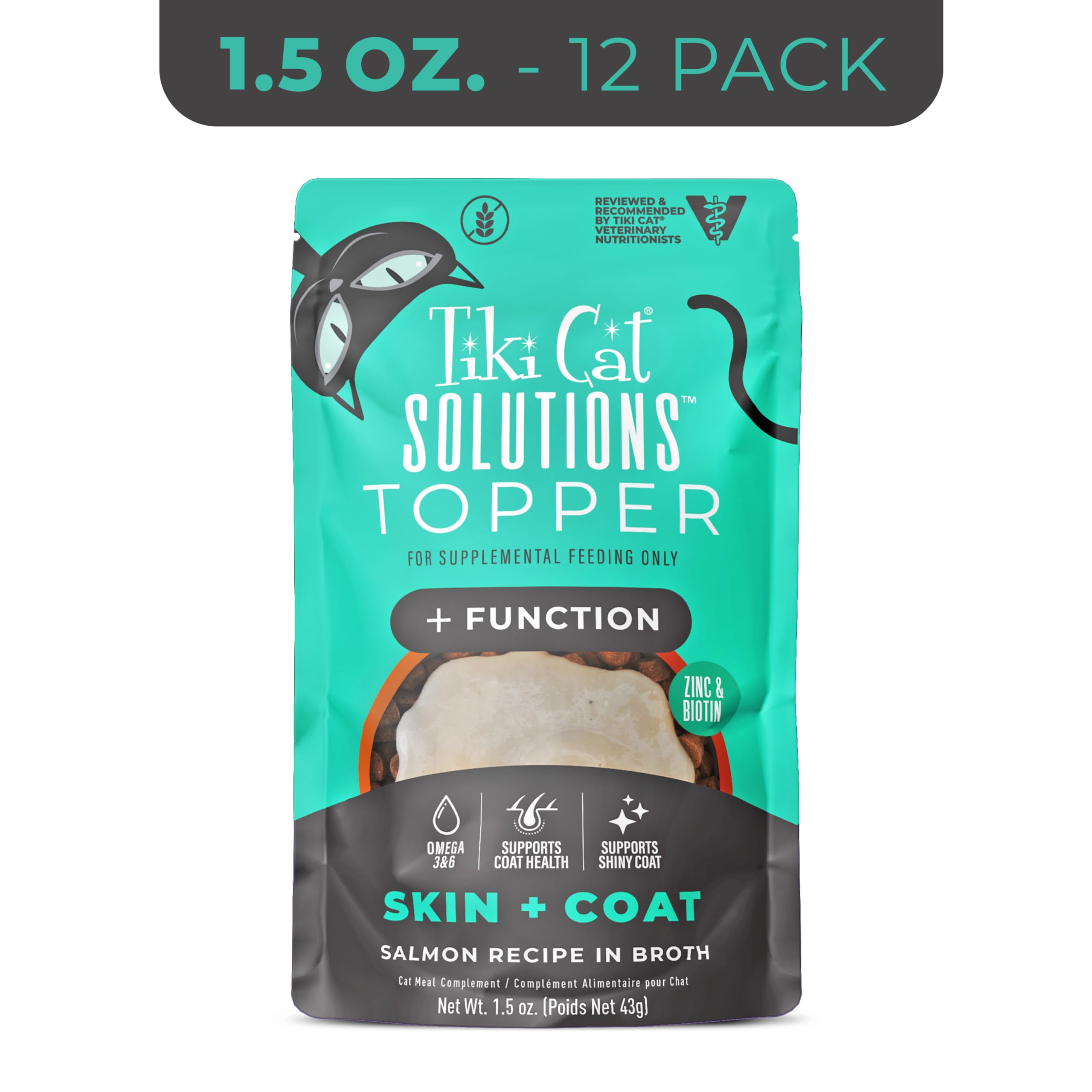 Tiki Cat Solutions Topper muestra brillo natural en el pelaje con salmón.