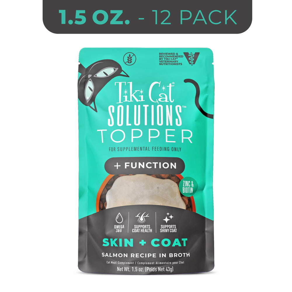 Tiki Cat Solutions Topper muestra brillo natural en el pelaje con salmón.