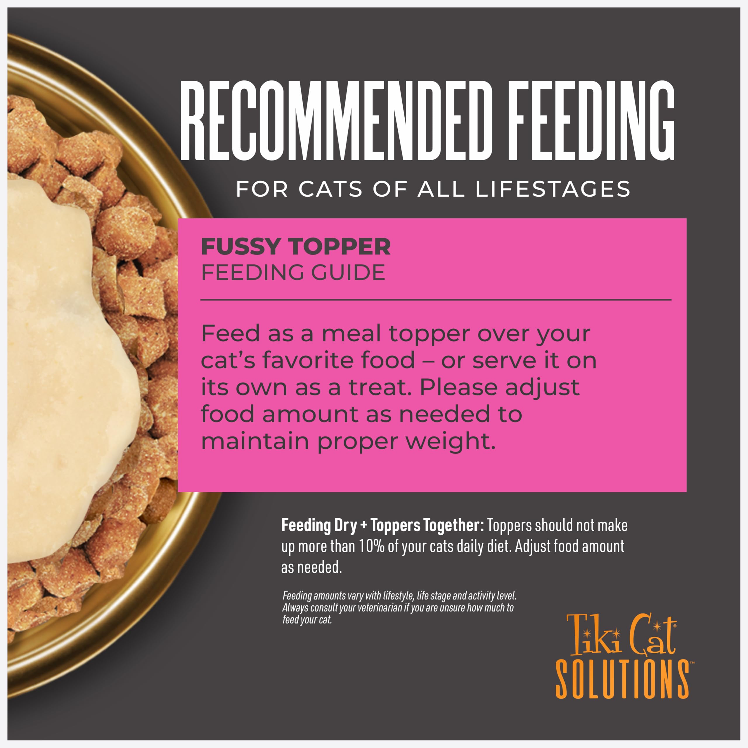 Tiki Cat Solutions Topper Fussy añade humedad a la comida.