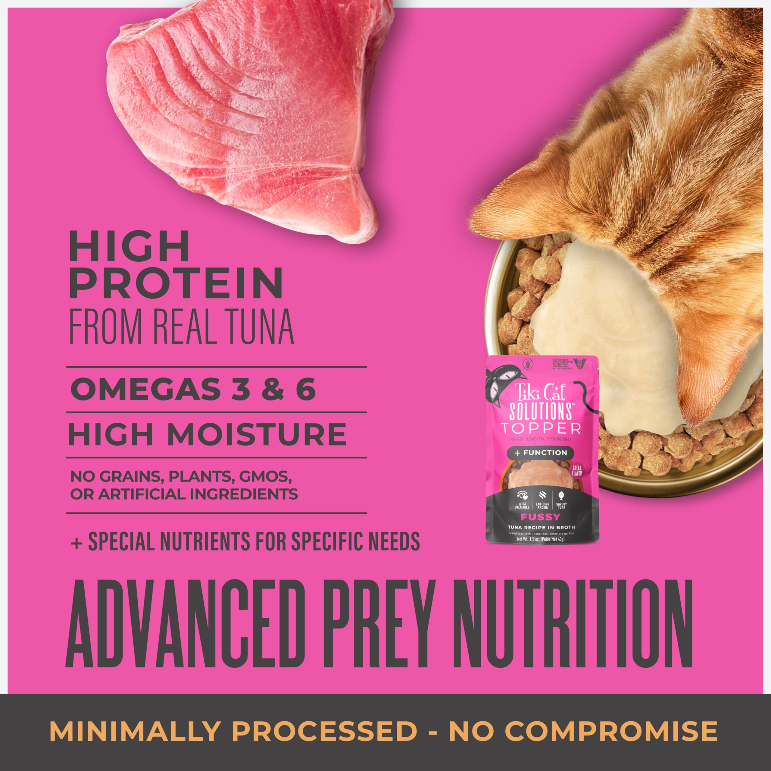 Tiki Cat Solutions Topper Fussy ingredientes no-GMO para una opción consciente.