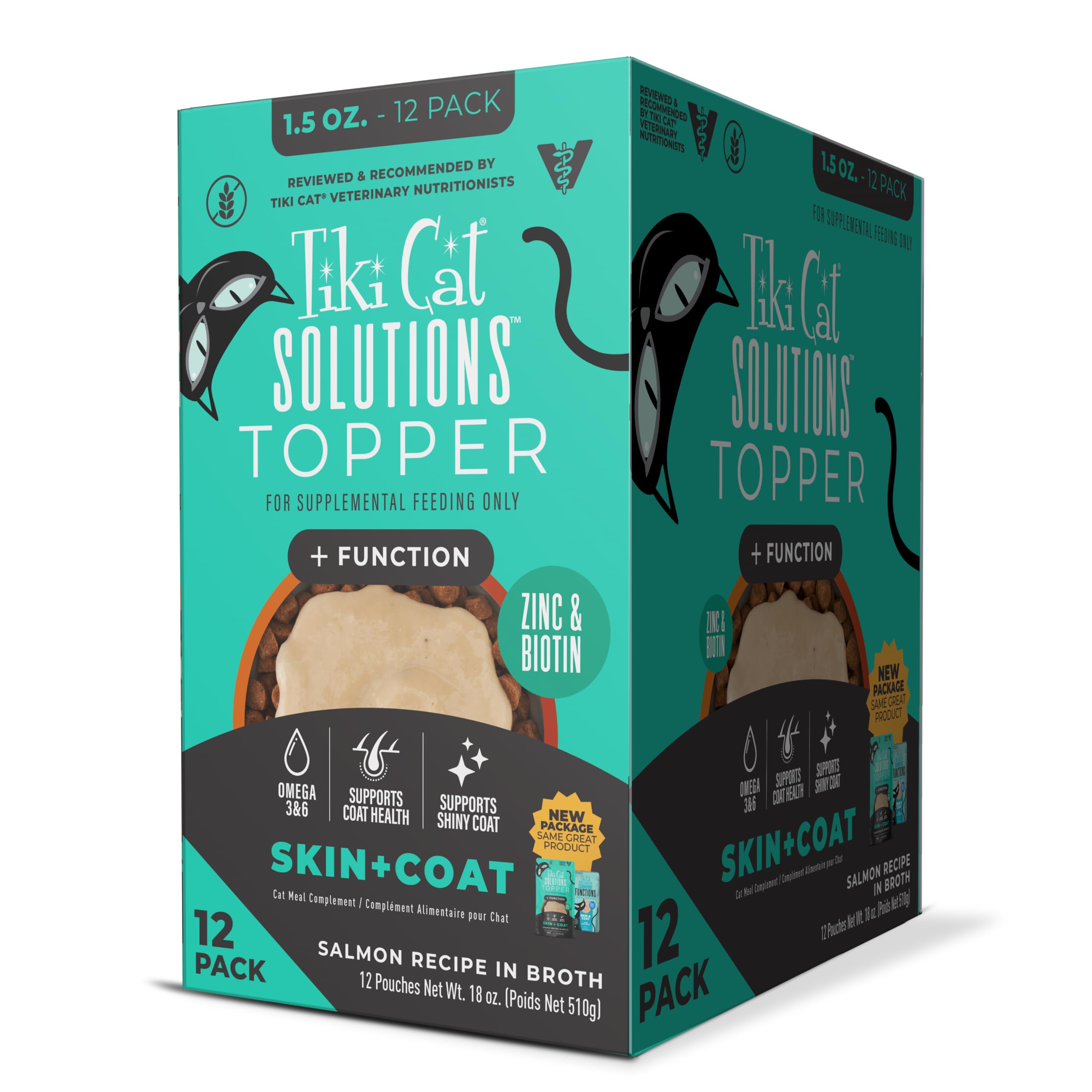 Tiki Cat Solutions Topper para piel y pelaje con salmón en caldo, aspecto saludable.