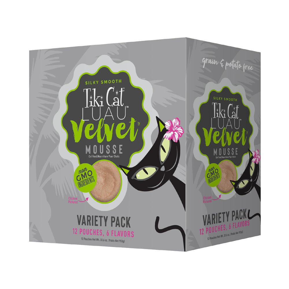 Velvet Mousse de Tiki Cat en empaque de 12 porciones, fácil de servir para gatos.
