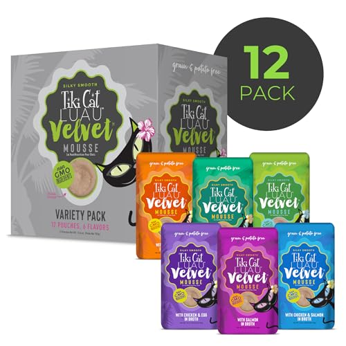Porción de Velvet Mousse de Tiki Cat de 2.8 onzas, variedad de caldo con sabor pescado.