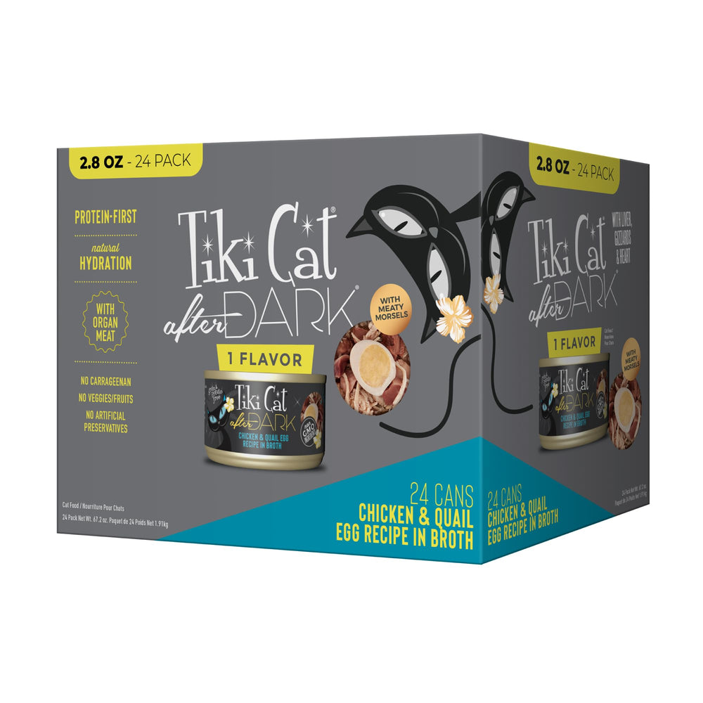 Tiki Pets After Dark trozos de pollo y huevo de codorniz en caldo, ideal para gatos adultos.