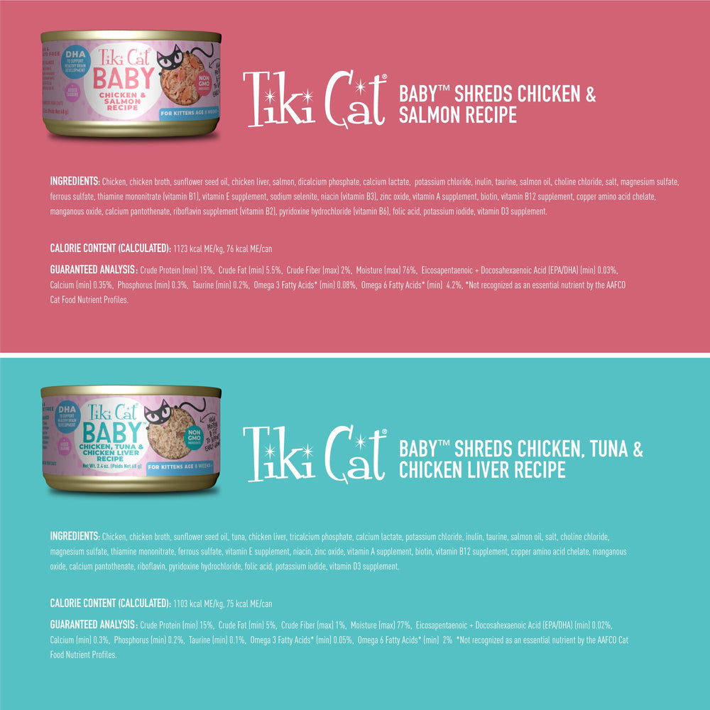 Tiki Cat Baby Shreds lata pollo-huevo, opción de proteína para gatitos en crecimiento