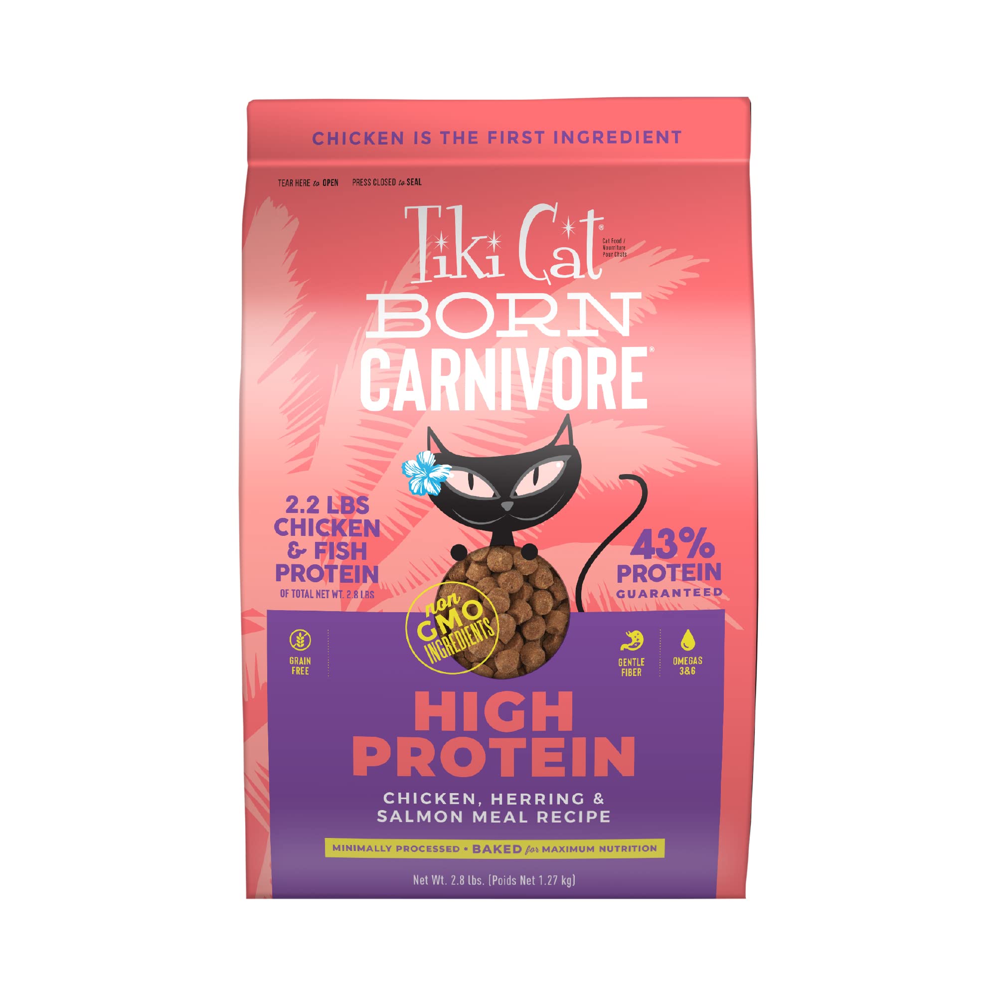 Tiki Cat Born Carnivore alimento seco para gatos con pollo y mariscos, ideal para sabor y nutrición.