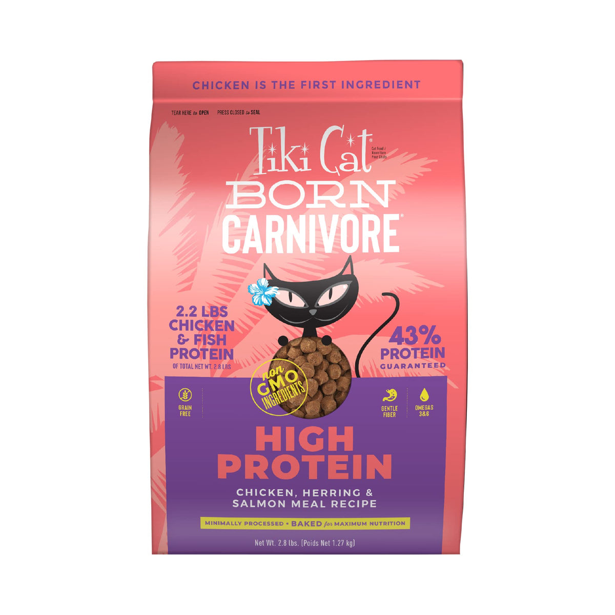 Tiki Cat Born Carnivore alimento seco para gatos con pollo y mariscos, ideal para sabor y nutrición.