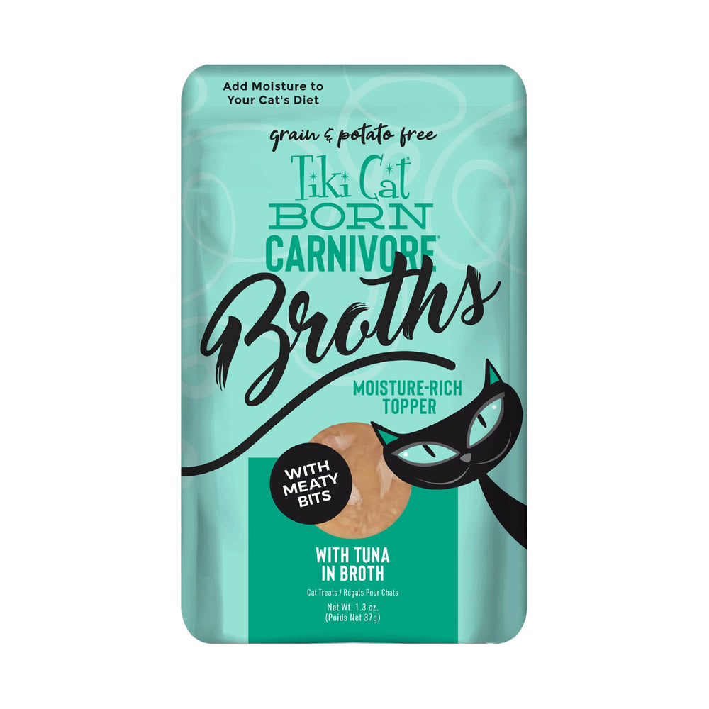 Tiki Pets Born Carnivore Broths con atún, calor único para hidratar y realzar la comida seca.