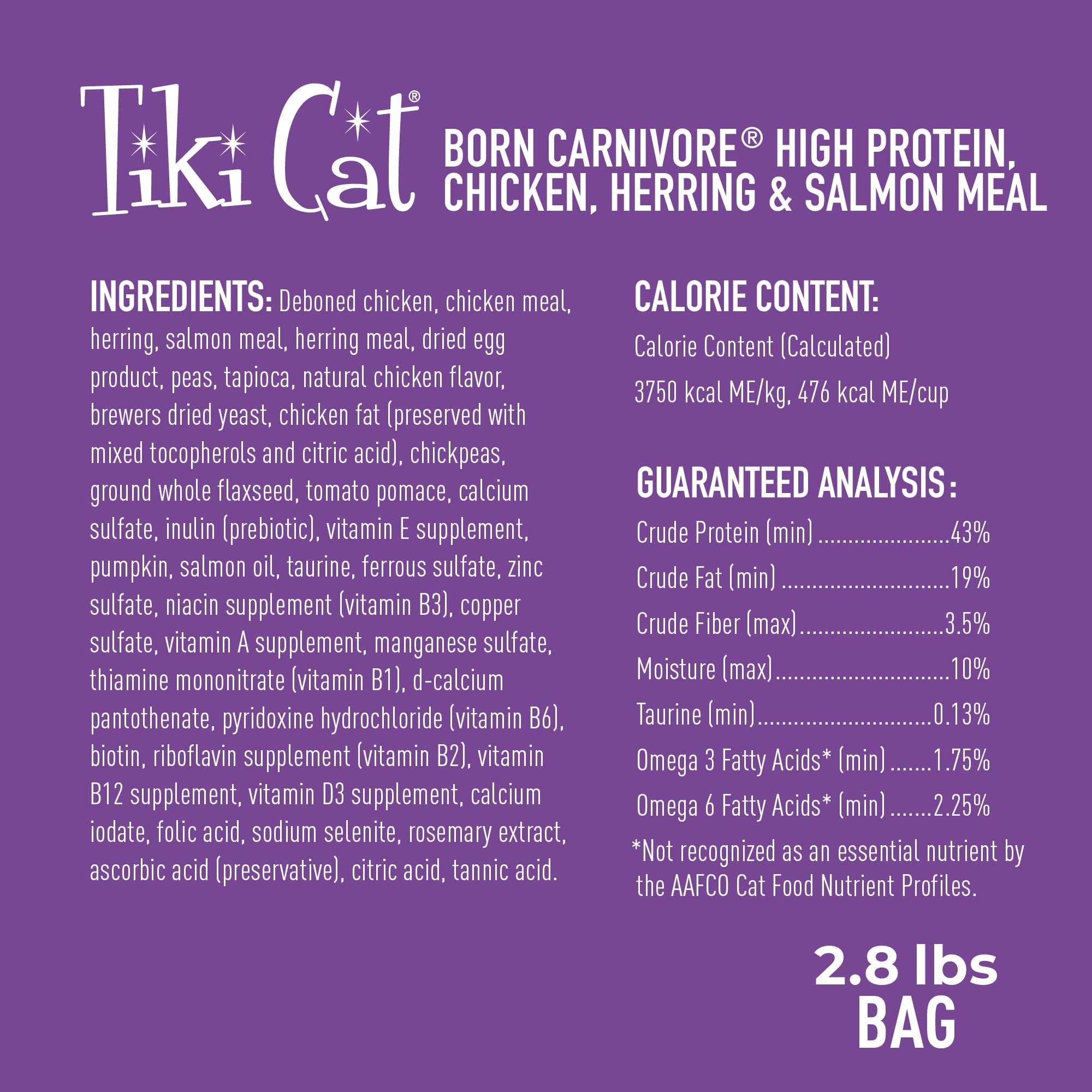 Tiki Cat Born Carnivore sin granos, sin gluten, para hábitos alimentarios variados.