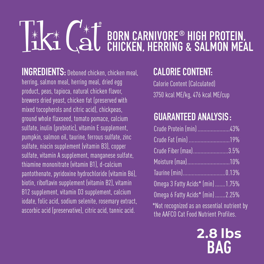 Tiki Cat Born Carnivore sin granos, sin gluten, para hábitos alimentarios variados.