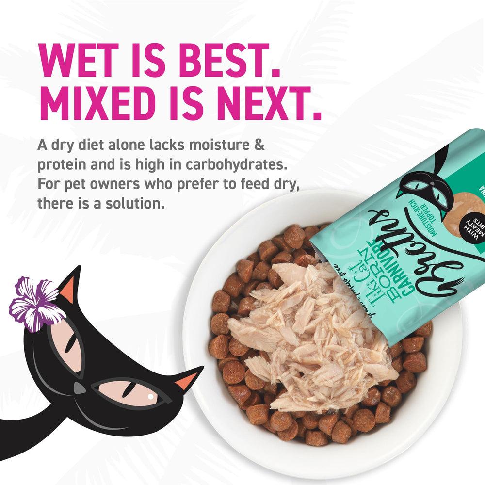 Tiki Pets Broths aporta humedad adicional en la comida diaria del gato.