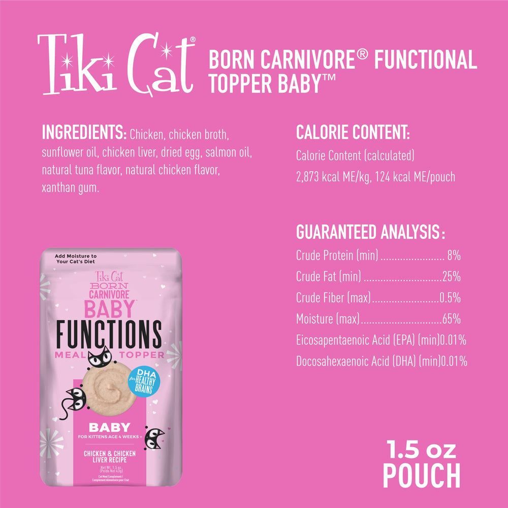 Tiki Pets Tiki Cat Born Carnivore Baby Topper Mousse con DHA, apoyo para desarrollo cerebral.