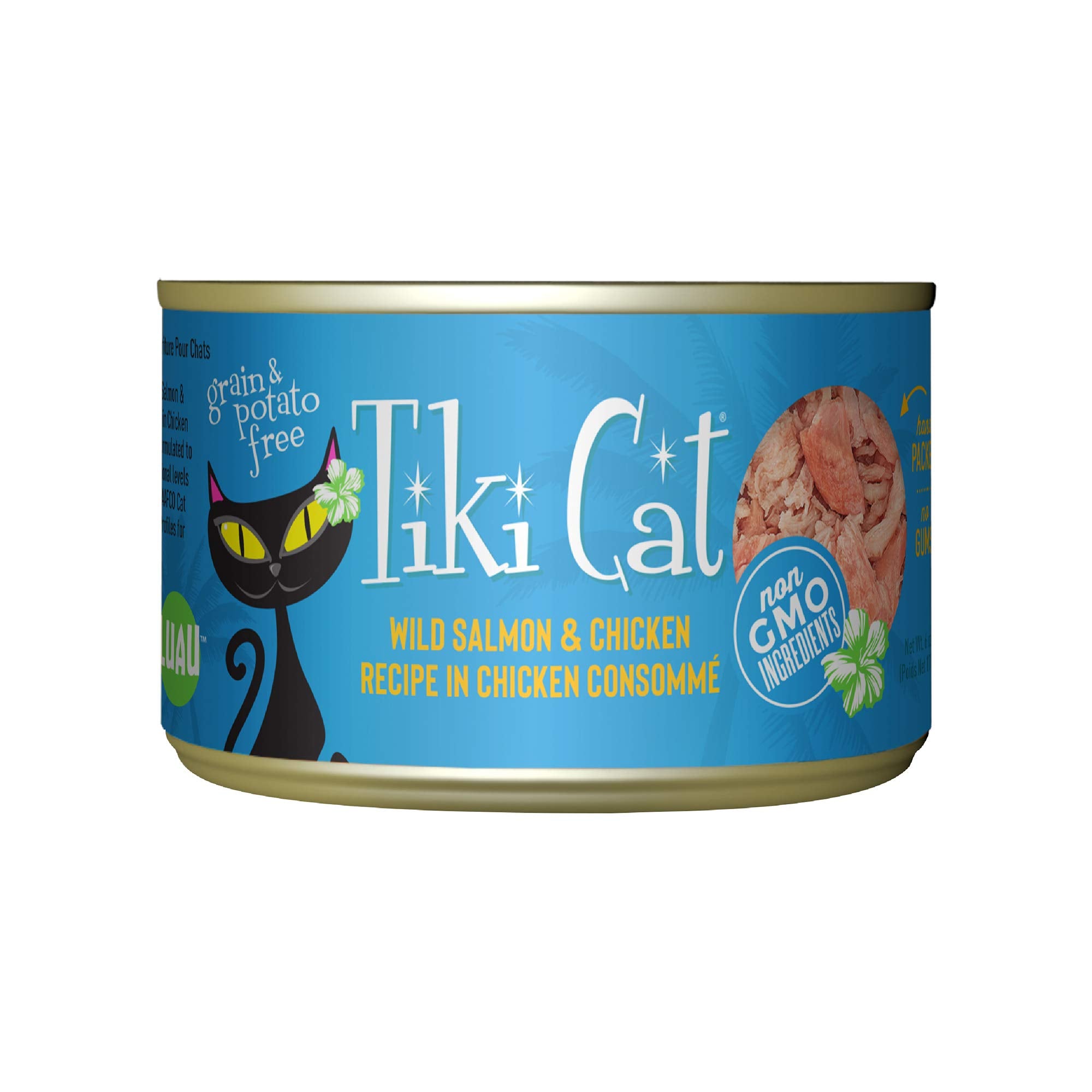 Tiki Pets Luau con carne deshebrada y salmón salvaje, ideal para hidratación diaria.