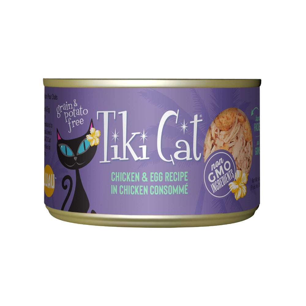 Tiki Cat Luau con pollo y salmón en caldo, experiencia sabrosa para gatos.