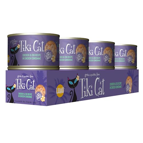 Tiki Cat Luau tiras de pollo deshilachadas en caldo, textura suave para felinos.