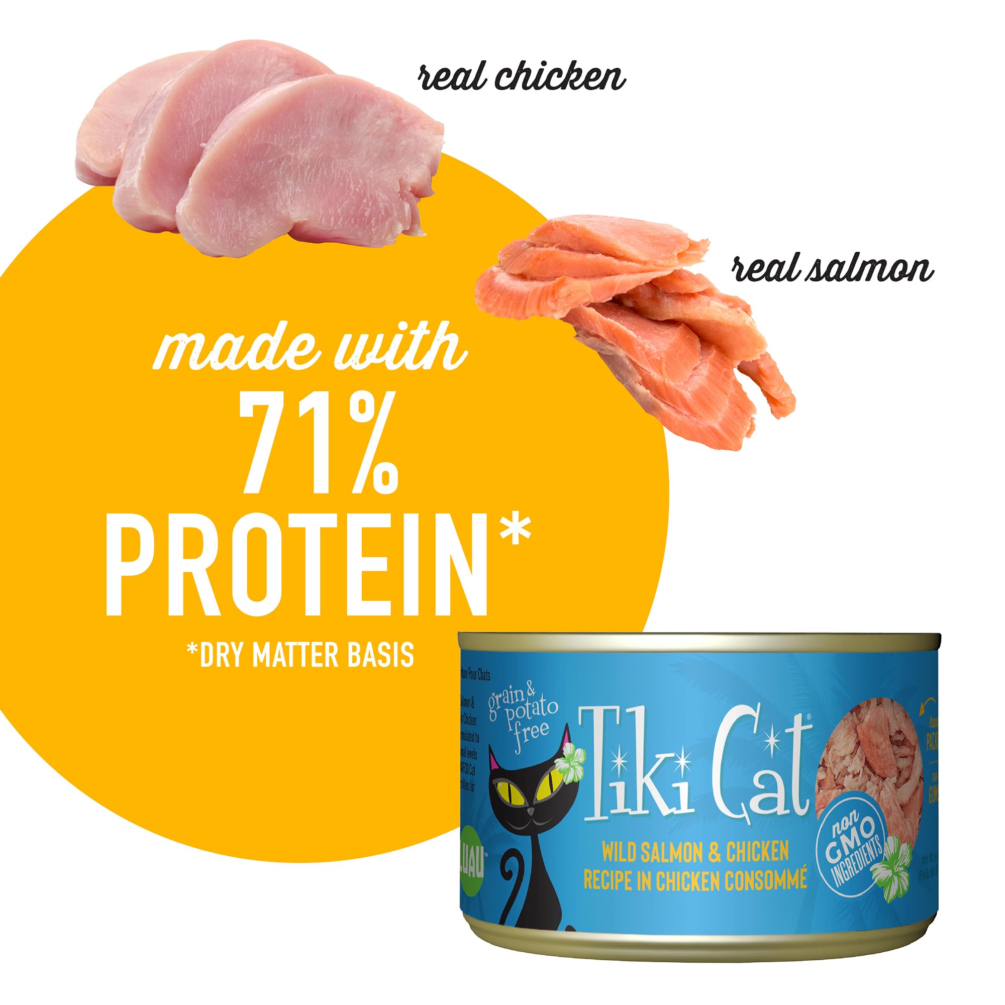 Tiki Pets Luau con proteínas reales, salmón y pollo, sabor natural.