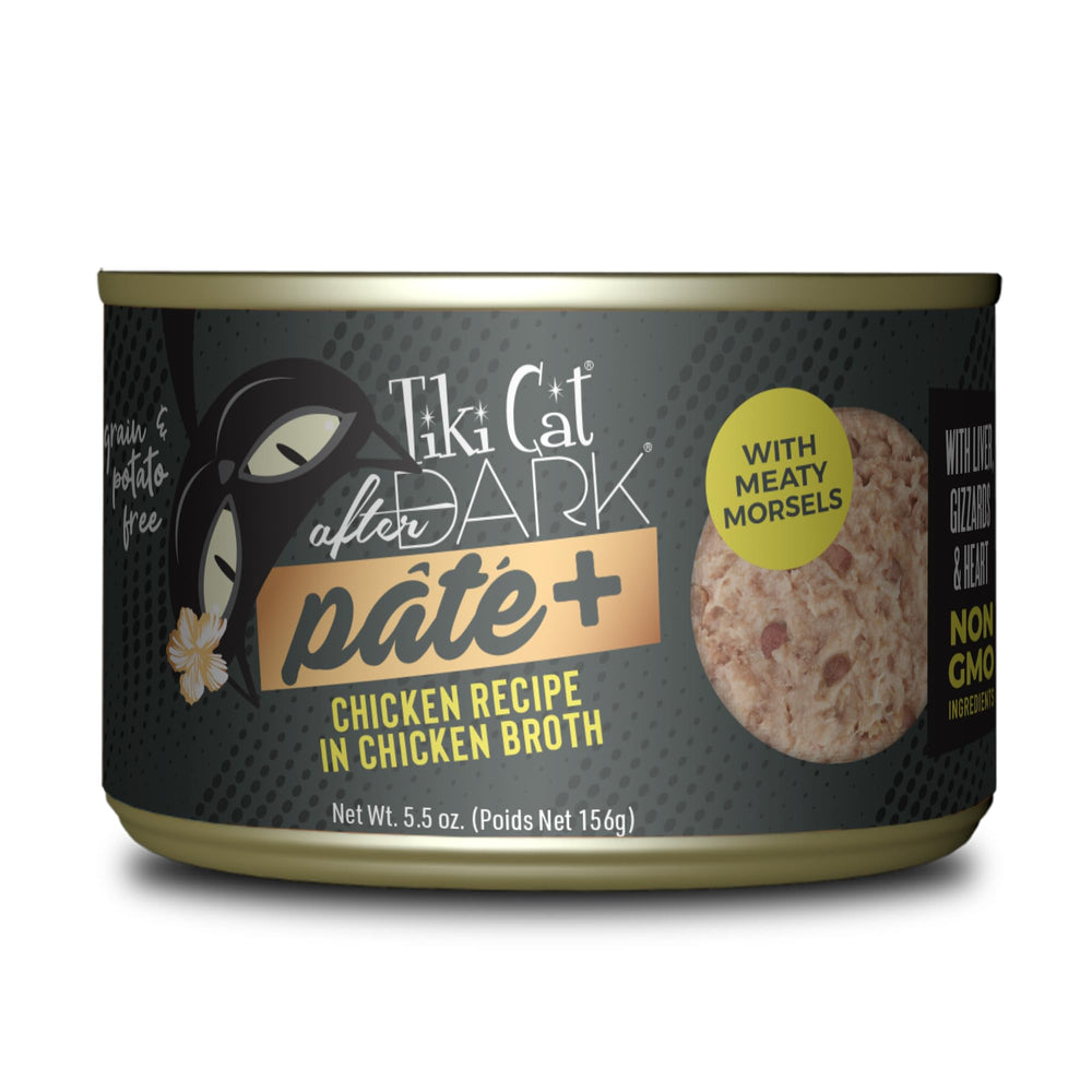 Tiki Pets Pâté Nocturna pollo en caldo, textura suave para gatos exigentes.