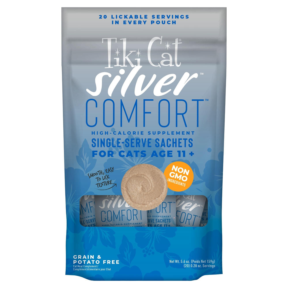 Tiki Cat Silver Comfort Mousse en envase, opción nutritiva para gatos mayores.