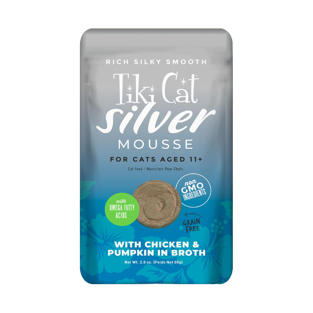 Tiki Pets Silver Mousse pollo-calabaza en caldo, ideal para gatos mayores