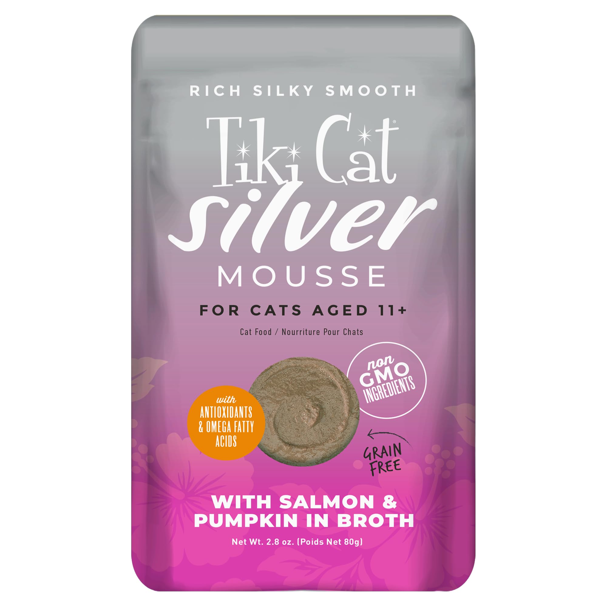 TIKI PETS Silver Mousse con salmón y calabaza para gatos mayores.